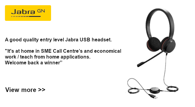 Jabra Evolve 20 MS Stereo USB - A good quality entry level Jabra USB headset. It's at home in SME Call Centre’s and economical work / teach from home applications. Welcome back a winner